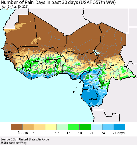Western Africa Number of Rain Days in past 30 days (USAF 557th WW) 04/30/2024 Thematic Map For 4/26/2024 - 4/30/2024