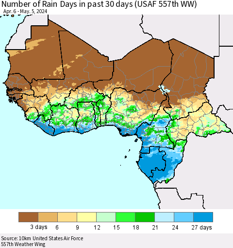 Western Africa Number of Rain Days in past 30 days (USAF 557th WW) 05/05/2024 Thematic Map For 5/1/2024 - 5/5/2024
