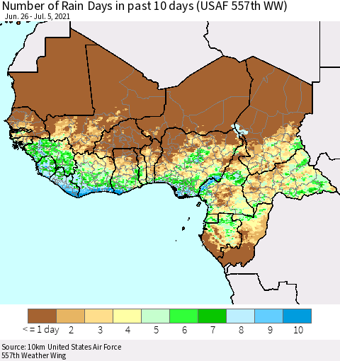Western Africa Number of Rain Days in past 10 days (USAF 557th WW) Thematic Map For 7/1/2021 - 7/5/2021