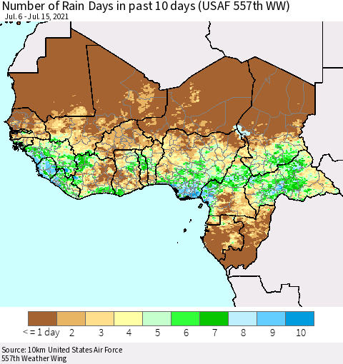 Western Africa Number of Rain Days in past 10 days (USAF 557th WW) Thematic Map For 7/11/2021 - 7/15/2021