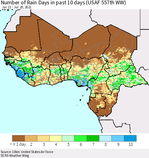 Western Africa Number of Rain Days in past 10 days (USAF 557th WW) Thematic Map For 7/16/2021 - 7/20/2021