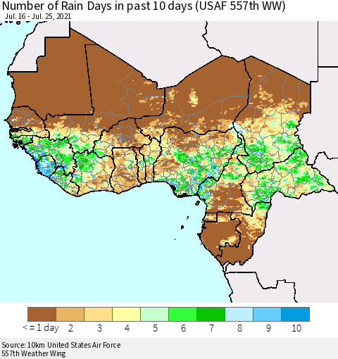 Western Africa Number of Rain Days in past 10 days (USAF 557th WW) Thematic Map For 7/21/2021 - 7/25/2021