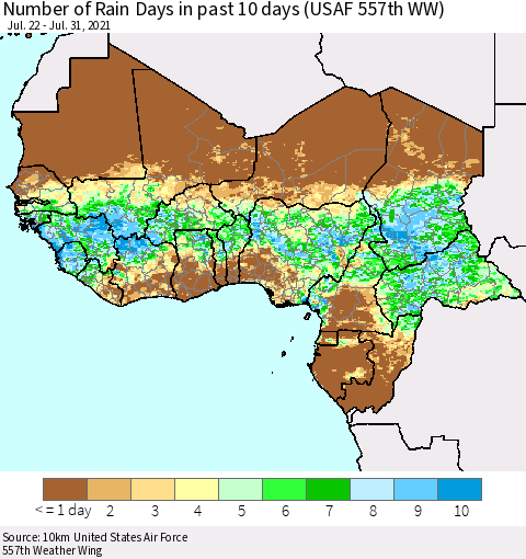 Western Africa Number of Rain Days in past 10 days (USAF 557th WW) Thematic Map For 7/26/2021 - 7/31/2021