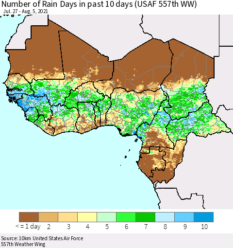 Western Africa Number of Rain Days in past 10 days (USAF 557th WW) Thematic Map For 8/1/2021 - 8/5/2021
