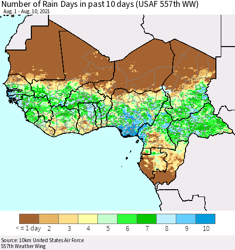 Western Africa Number of Rain Days in past 10 days (USAF 557th WW) Thematic Map For 8/6/2021 - 8/10/2021