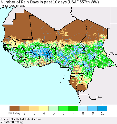 Western Africa Number of Rain Days in past 10 days (USAF 557th WW) Thematic Map For 8/11/2021 - 8/15/2021