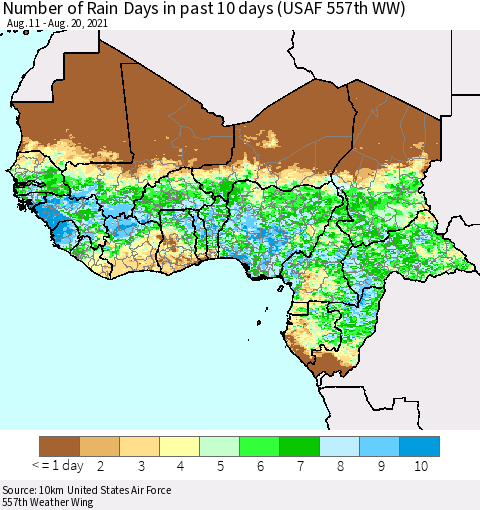Western Africa Number of Rain Days in past 10 days (USAF 557th WW) Thematic Map For 8/16/2021 - 8/20/2021