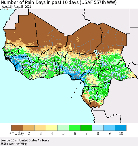 Western Africa Number of Rain Days in past 10 days (USAF 557th WW) Thematic Map For 8/21/2021 - 8/25/2021