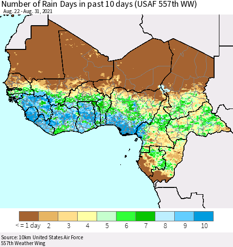 Western Africa Number of Rain Days in past 10 days (USAF 557th WW) Thematic Map For 8/26/2021 - 8/31/2021
