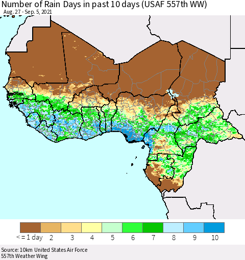 Western Africa Number of Rain Days in past 10 days (USAF 557th WW) Thematic Map For 9/1/2021 - 9/5/2021