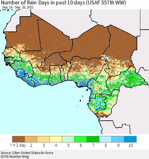 Western Africa Number of Rain Days in past 10 days (USAF 557th WW) Thematic Map For 9/21/2021 - 9/25/2021