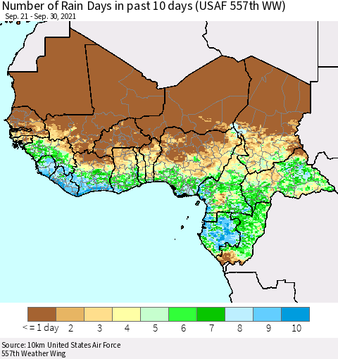 Western Africa Number of Rain Days in past 10 days (USAF 557th WW) Thematic Map For 9/26/2021 - 9/30/2021