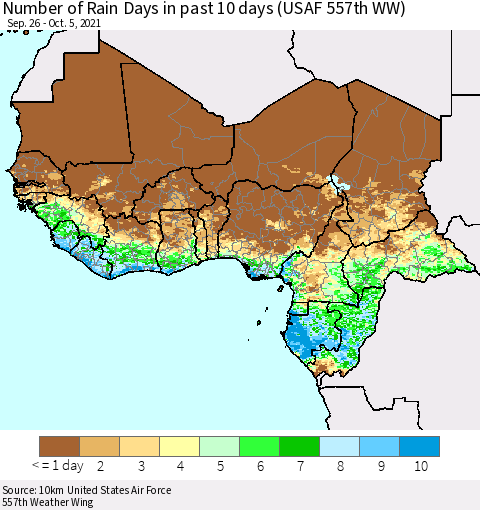 Western Africa Number of Rain Days in past 10 days (USAF 557th WW) Thematic Map For 10/1/2021 - 10/5/2021