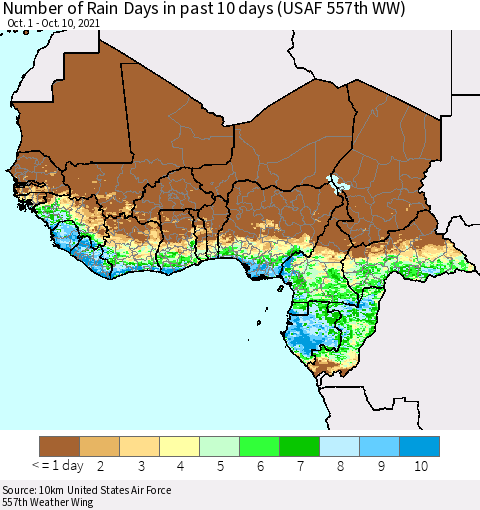 Western Africa Number of Rain Days in past 10 days (USAF 557th WW) Thematic Map For 10/6/2021 - 10/10/2021