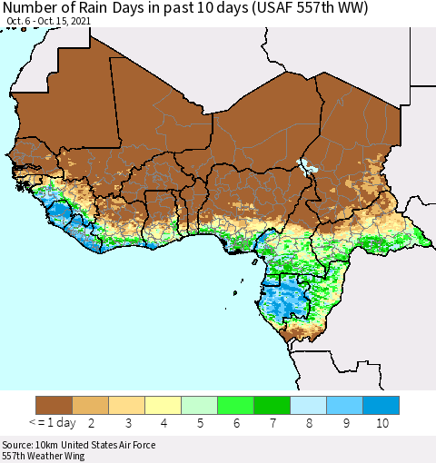 Western Africa Number of Rain Days in past 10 days (USAF 557th WW) Thematic Map For 10/11/2021 - 10/15/2021