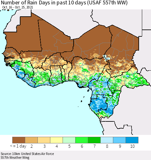 Western Africa Number of Rain Days in past 10 days (USAF 557th WW) Thematic Map For 10/21/2021 - 10/25/2021