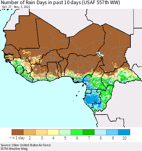 Western Africa Number of Rain Days in past 10 days (USAF 557th WW) Thematic Map For 11/1/2021 - 11/5/2021