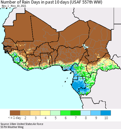 Western Africa Number of Rain Days in past 10 days (USAF 557th WW) Thematic Map For 11/6/2021 - 11/10/2021