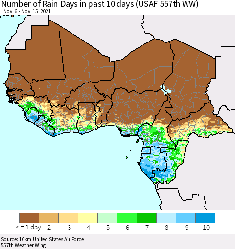 Western Africa Number of Rain Days in past 10 days (USAF 557th WW) Thematic Map For 11/11/2021 - 11/15/2021
