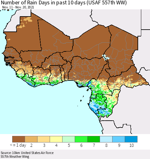 Western Africa Number of Rain Days in past 10 days (USAF 557th WW) Thematic Map For 11/16/2021 - 11/20/2021