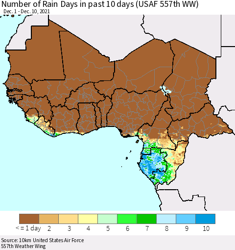 Western Africa Number of Rain Days in past 10 days (USAF 557th WW) Thematic Map For 12/6/2021 - 12/10/2021
