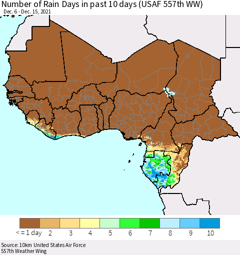 Western Africa Number of Rain Days in past 10 days (USAF 557th WW) Thematic Map For 12/11/2021 - 12/15/2021