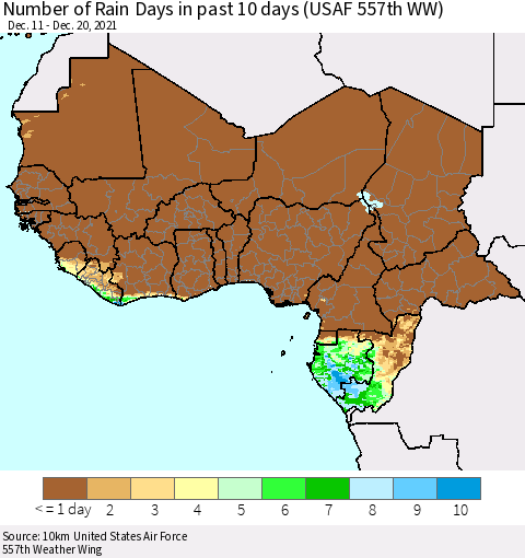 Western Africa Number of Rain Days in past 10 days (USAF 557th WW) Thematic Map For 12/16/2021 - 12/20/2021