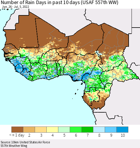 Western Africa Number of Rain Days in past 10 days (USAF 557th WW) Thematic Map For 7/1/2022 - 7/5/2022