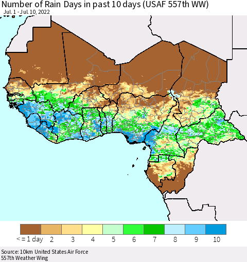 Western Africa Number of Rain Days in past 10 days (USAF 557th WW) Thematic Map For 7/6/2022 - 7/10/2022