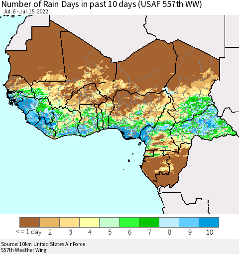 Western Africa Number of Rain Days in past 10 days (USAF 557th WW) Thematic Map For 7/11/2022 - 7/15/2022