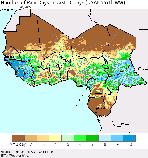 Western Africa Number of Rain Days in past 10 days (USAF 557th WW) Thematic Map For 7/16/2022 - 7/20/2022