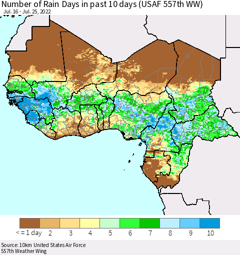 Western Africa Number of Rain Days in past 10 days (USAF 557th WW) Thematic Map For 7/21/2022 - 7/25/2022