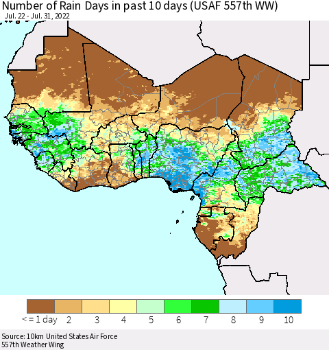 Western Africa Number of Rain Days in past 10 days (USAF 557th WW) Thematic Map For 7/26/2022 - 7/31/2022