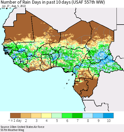 Western Africa Number of Rain Days in past 10 days (USAF 557th WW) Thematic Map For 8/1/2022 - 8/5/2022
