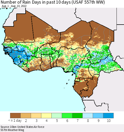 Western Africa Number of Rain Days in past 10 days (USAF 557th WW) Thematic Map For 8/6/2022 - 8/10/2022
