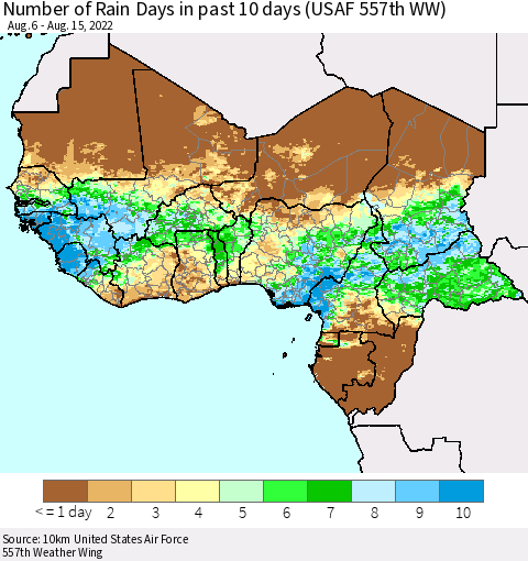 Western Africa Number of Rain Days in past 10 days (USAF 557th WW) Thematic Map For 8/11/2022 - 8/15/2022