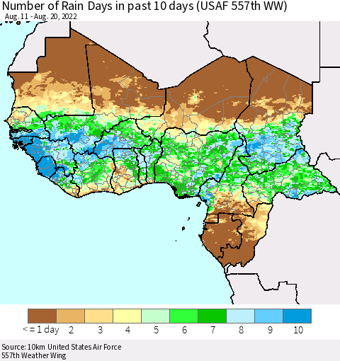 Western Africa Number of Rain Days in past 10 days (USAF 557th WW) Thematic Map For 8/16/2022 - 8/20/2022