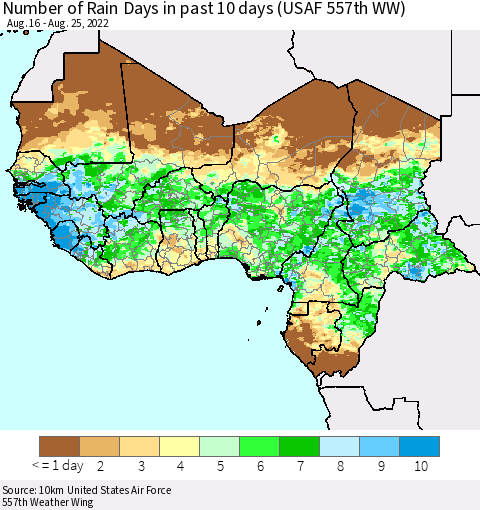 Western Africa Number of Rain Days in past 10 days (USAF 557th WW) Thematic Map For 8/21/2022 - 8/25/2022