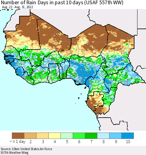 Western Africa Number of Rain Days in past 10 days (USAF 557th WW) Thematic Map For 8/26/2022 - 8/31/2022