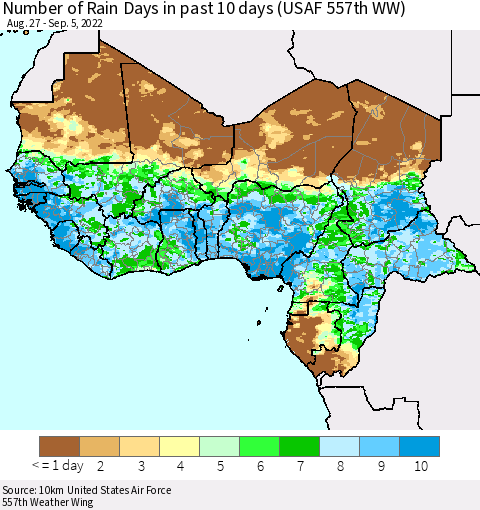 Western Africa Number of Rain Days in past 10 days (USAF 557th WW) Thematic Map For 9/1/2022 - 9/5/2022