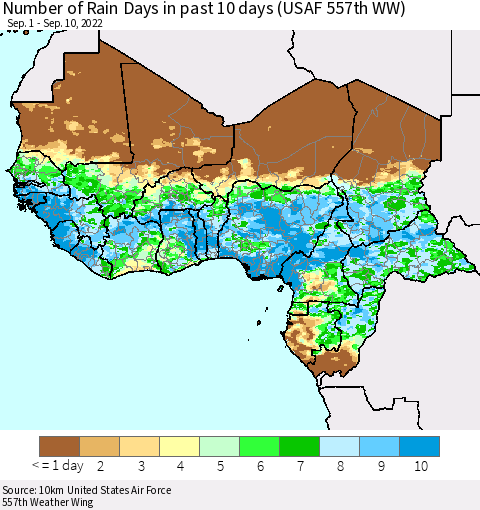 Western Africa Number of Rain Days in past 10 days (USAF 557th WW) Thematic Map For 9/6/2022 - 9/10/2022