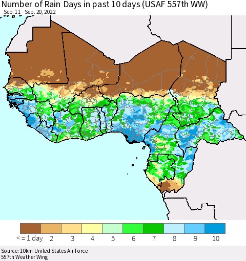 Western Africa Number of Rain Days in past 10 days (USAF 557th WW) Thematic Map For 9/16/2022 - 9/20/2022