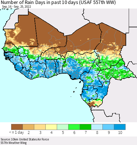 Western Africa Number of Rain Days in past 10 days (USAF 557th WW) Thematic Map For 9/21/2022 - 9/25/2022