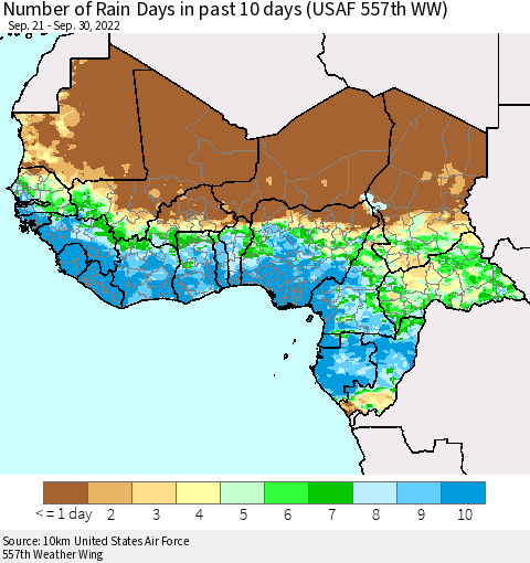 Western Africa Number of Rain Days in past 10 days (USAF 557th WW) Thematic Map For 9/26/2022 - 9/30/2022