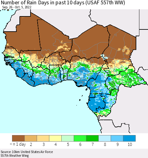 Western Africa Number of Rain Days in past 10 days (USAF 557th WW) Thematic Map For 10/1/2022 - 10/5/2022