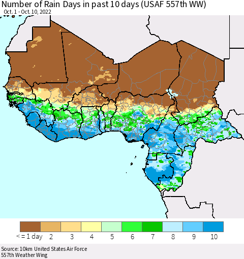 Western Africa Number of Rain Days in past 10 days (USAF 557th WW) Thematic Map For 10/6/2022 - 10/10/2022