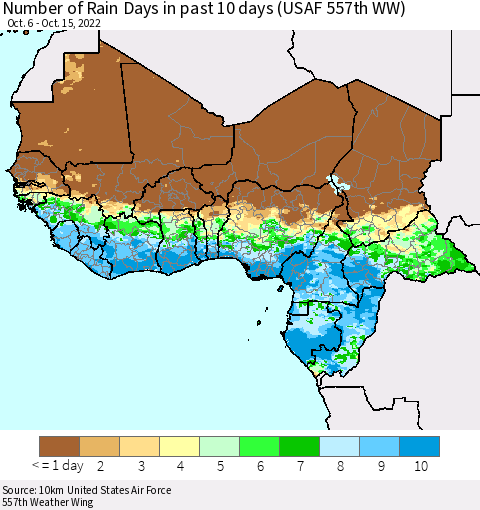 Western Africa Number of Rain Days in past 10 days (USAF 557th WW) Thematic Map For 10/11/2022 - 10/15/2022