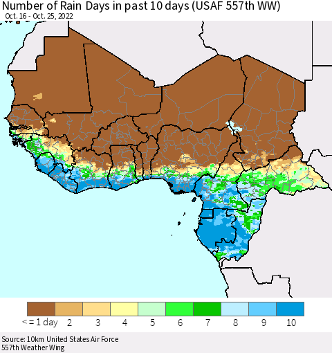 Western Africa Number of Rain Days in past 10 days (USAF 557th WW) Thematic Map For 10/21/2022 - 10/25/2022