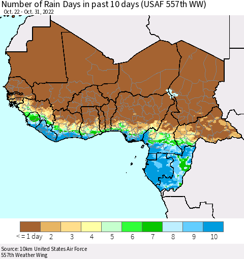 Western Africa Number of Rain Days in past 10 days (USAF 557th WW) Thematic Map For 10/26/2022 - 10/31/2022