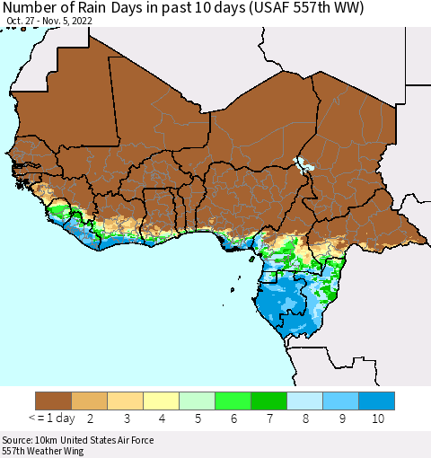 Western Africa Number of Rain Days in past 10 days (USAF 557th WW) Thematic Map For 11/1/2022 - 11/5/2022